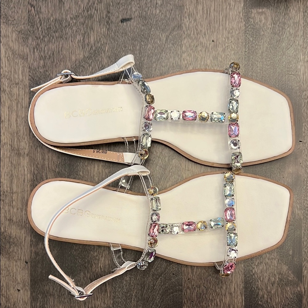 BCBGMaxAzria Cream Sandals with Rhinestone Embellishments